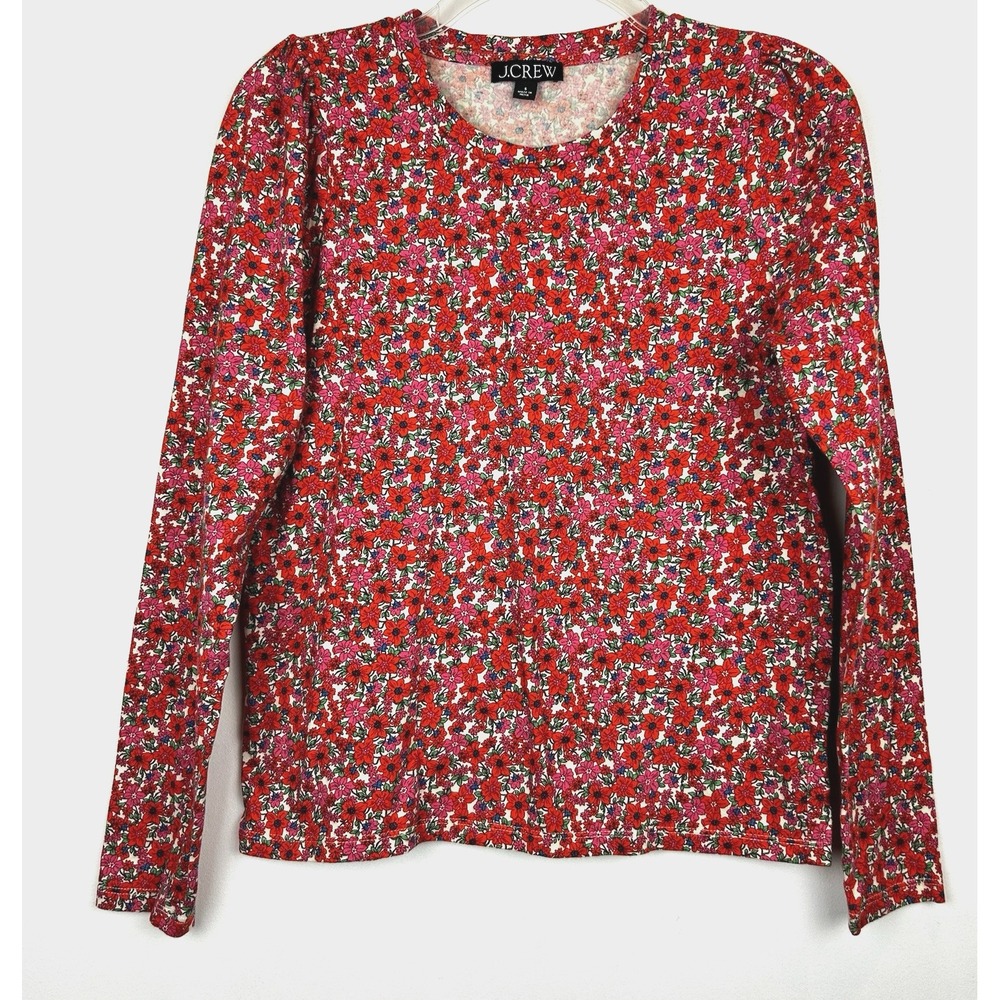 J Crew Top Womens Small Red Floral Reimagined Cotton Peasant Cottagecore
